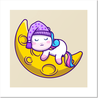 Cute Unicorn Sleeping On Moon Posters and Art